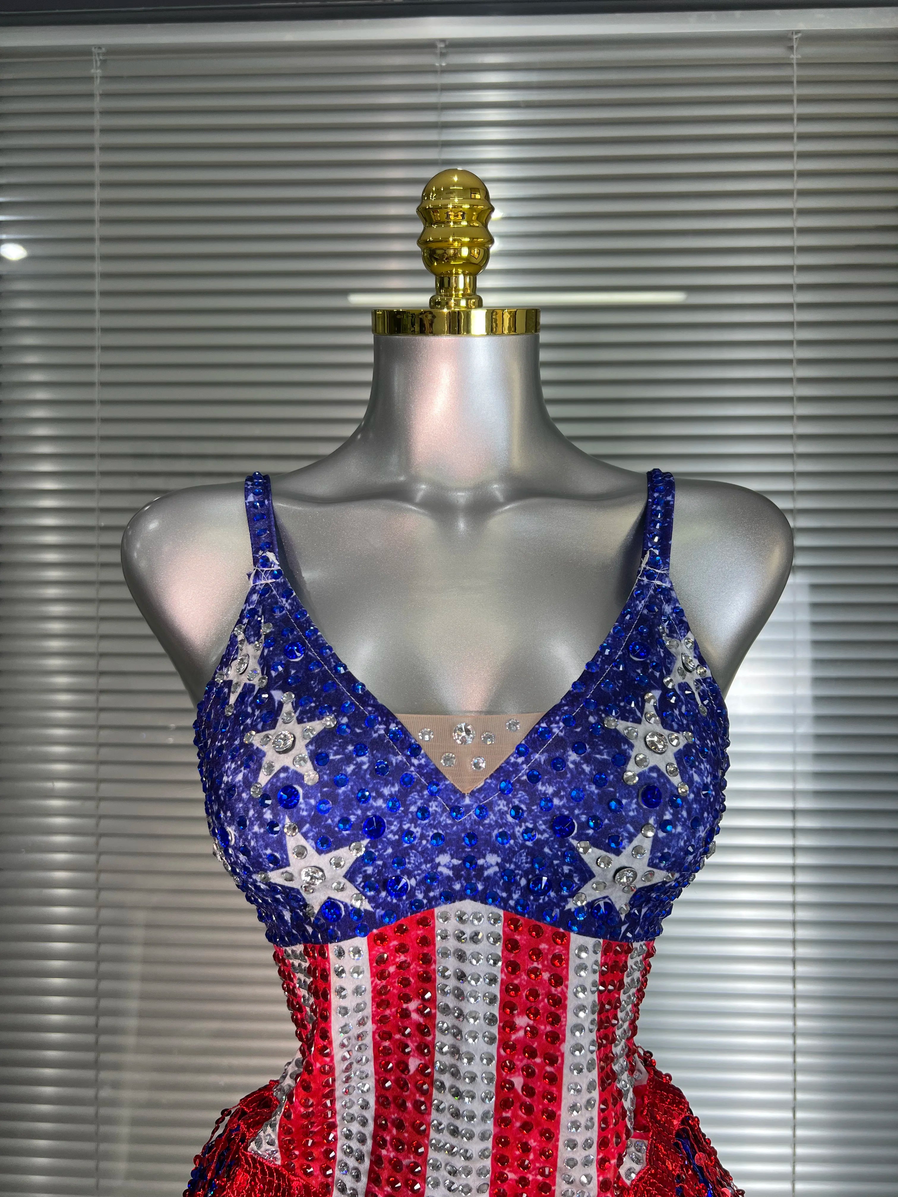 Women Sexy Tassel Crystal Stretched Night Club Circus Dancer USA Flag Stage Costume Party Bodysuit