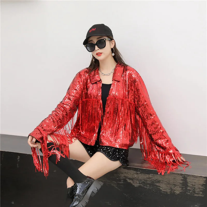 Reflective Tassel Sequin Jacket Women Outwear Tops Retro Long-sleeved Coat Summer Autumn Streewear New Female Jackets Red One Size