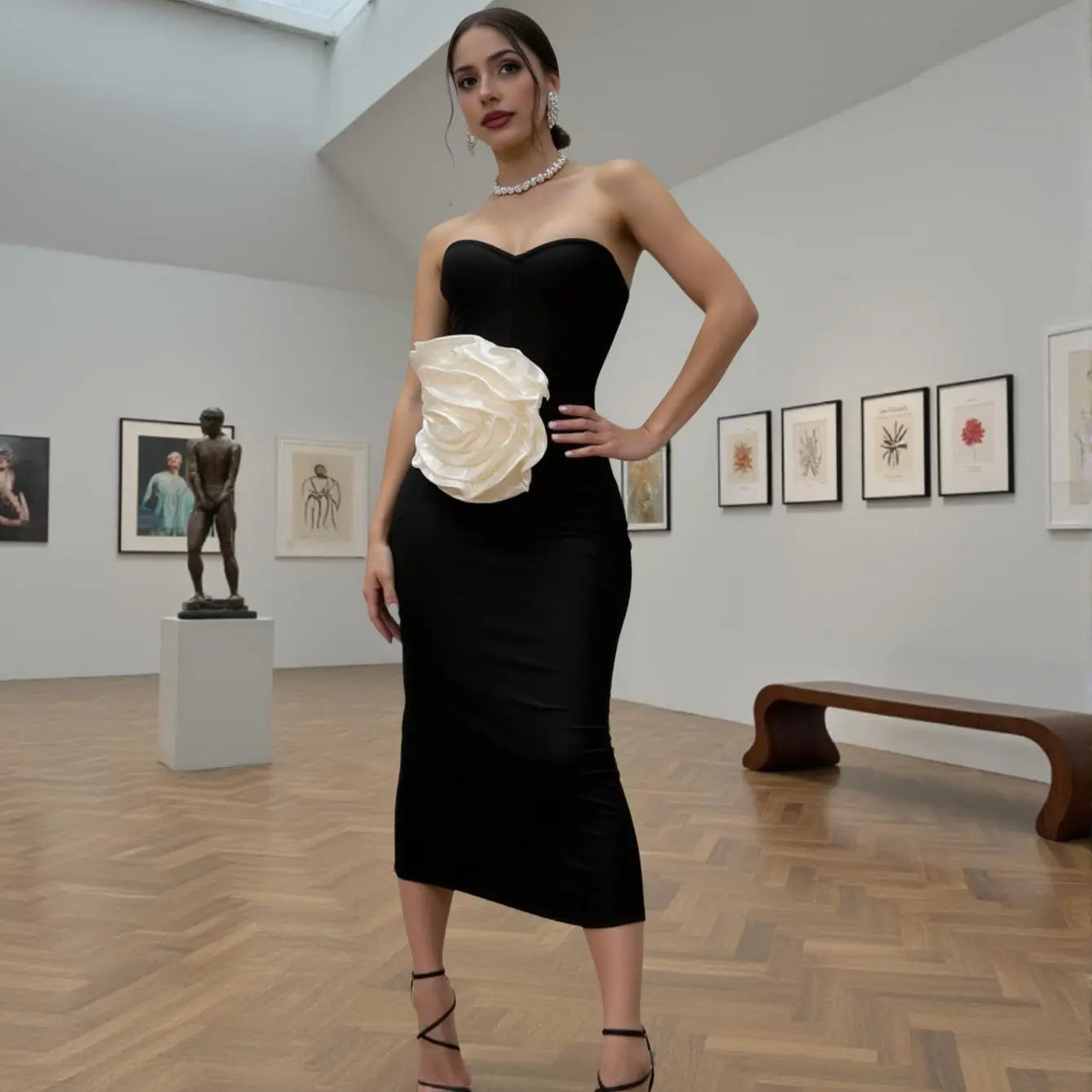 Black Color Women Sexy Strapless White Florals Bodycon Mid-calf Bandage Dress Celebrate Evening Party Birthday Outfit