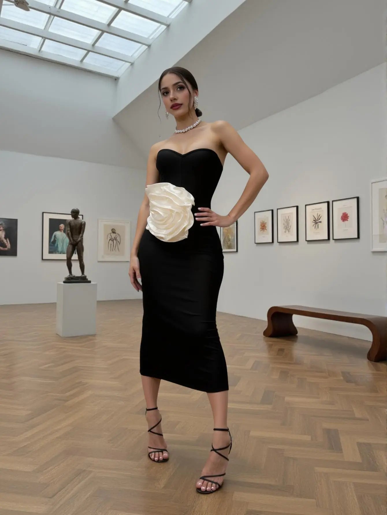 Black Color Women Sexy Strapless White Florals Bodycon Mid-calf Bandage Dress Celebrate Evening Party Birthday Outfit