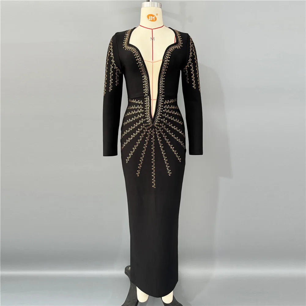 Women Long Sleeve Sexy Shinning Golden Rhinestones Bodycon Long Bandage Dress Celebrate Nightclub Party Outfit