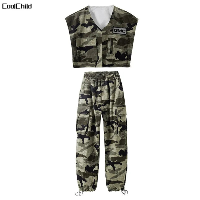 Boys Streetwear Girls Hip Hop Camouflage Vest Cargo Pants Children Military Jogger Street Dance Kids Costume Teen Fashion Outfit 2 Pcs Sets
