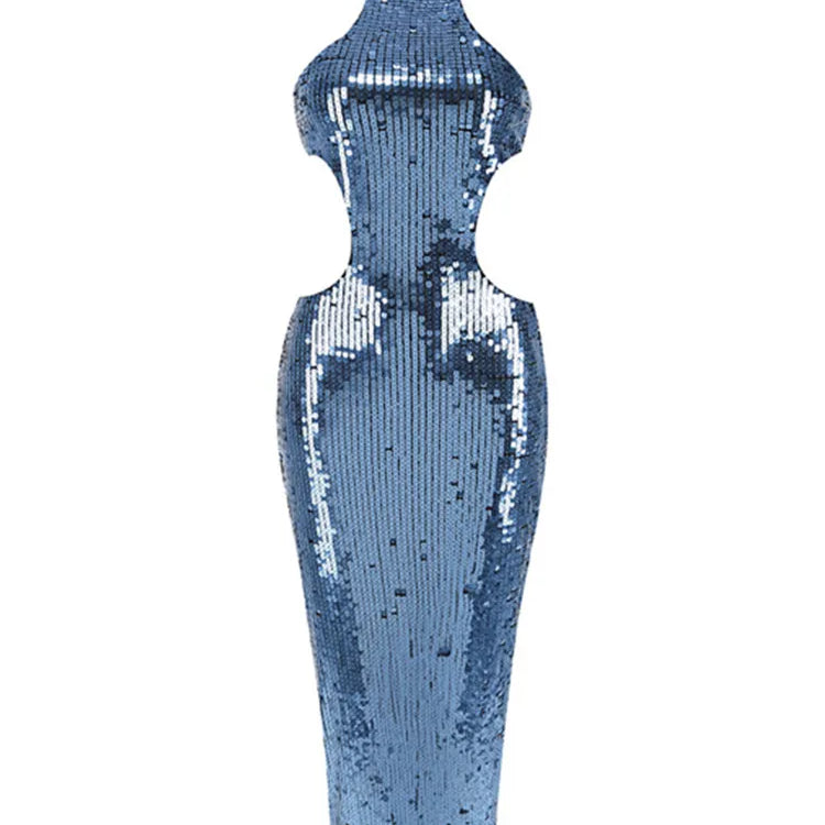 Sexy Backless Halter Mesh Sequins Navy Blue Midi Women Celebrity Dress 2024 Elegant Party Evening Club Vestido