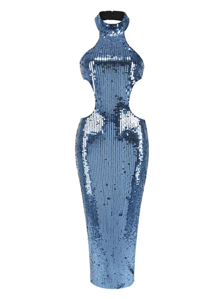 Sexy Backless Halter Mesh Sequins Navy Blue Midi Women Celebrity Dress 2024 Elegant Party Evening Club Vestido