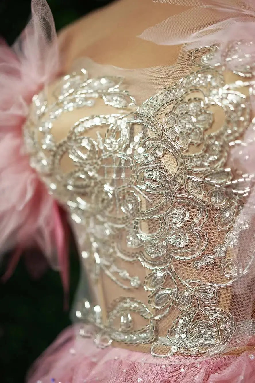 Fashion Women Sexy Strapless Ruffles 2 Pieces Bodycon Long Dress Celebrate Nightclub Party Performance Costume