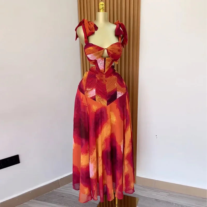 CM.YAYA Fashion Printed Women Long Dresses Beach Holiday Street Bowknot Crop High Waist Big Swing Fake 2 Piece Party Dress 2025