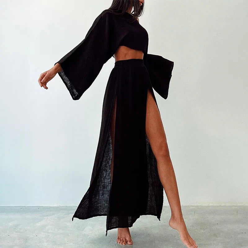 Elegant Women Crop Tops & High Waist Slit Maxi Skirts 2 Pieces Linen Pants Sets Beach Cover Ups Lounge Matching Sets