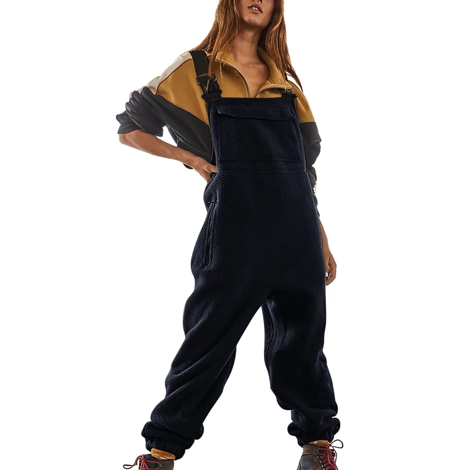 Womens Fleece Overalls One-piece Bibs Jumpsuits Adjustable Suspender Straps Warm Winter Fuzzy Ski Pants Dark Blue