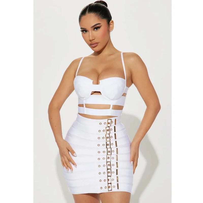 STOCK Fashion's Sexy Expose WaistWoman Set Hollow Out Short Spaghetti Strap Top And Blets Mini Skirt 2 Pieces High Street Wear