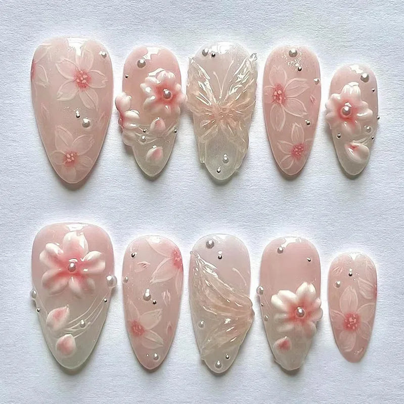 24pcs Pink Flower Press on Nails Ins Sweet Petals Print False Nails for Girl Wearable Reusable Fashion Almond Fake Nail Tips