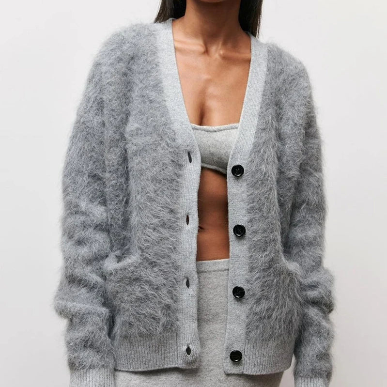 Casual Long Sleeve V-Neck Cardigan Women Autumn Winter Buttons-up Solid Coat Female Imitation Mink Sweater