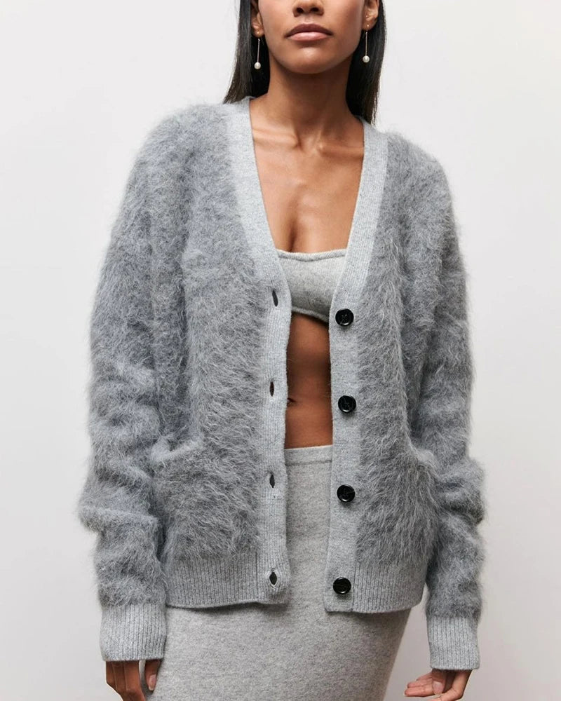 Casual Long Sleeve V-Neck Cardigan Women Autumn Winter Buttons-up Solid Coat Female Imitation Mink Sweater