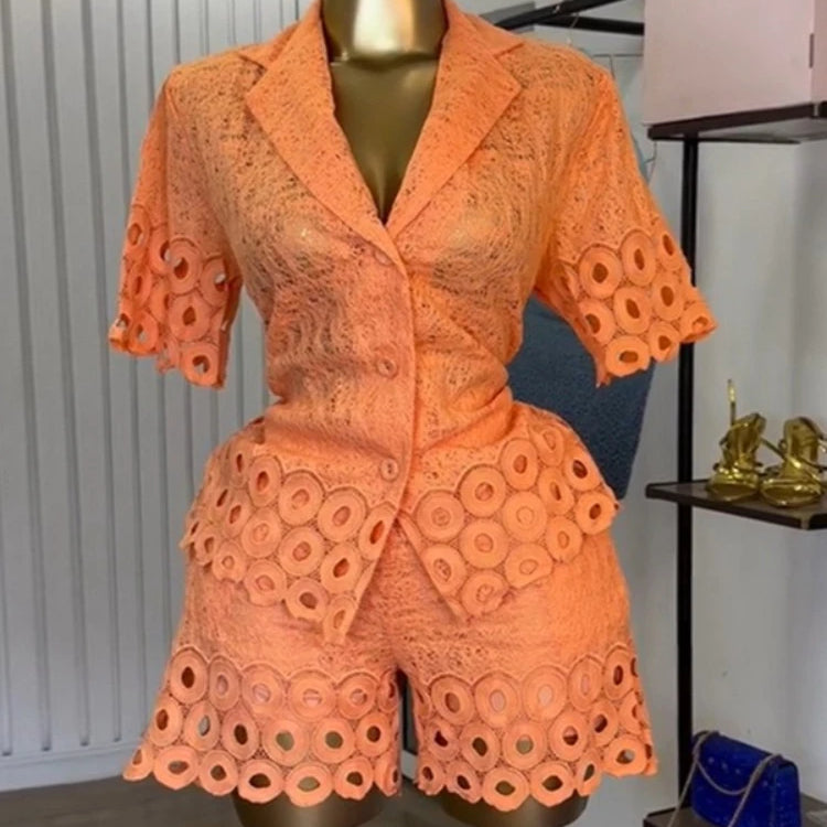 CM.YAYA Lace Embroidery Women's Set half Sleeve Shirt and Shorts Suit 2025 Street Fashion Two 2 Piece Sets Outfit Tracksuits