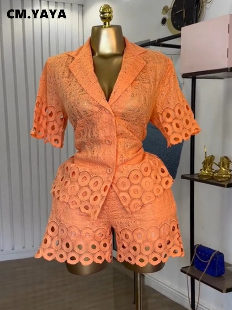 CM.YAYA Lace Embroidery Women's Set half Sleeve Shirt and Shorts Suit 2025 Street Fashion Two 2 Piece Sets Outfit Tracksuits