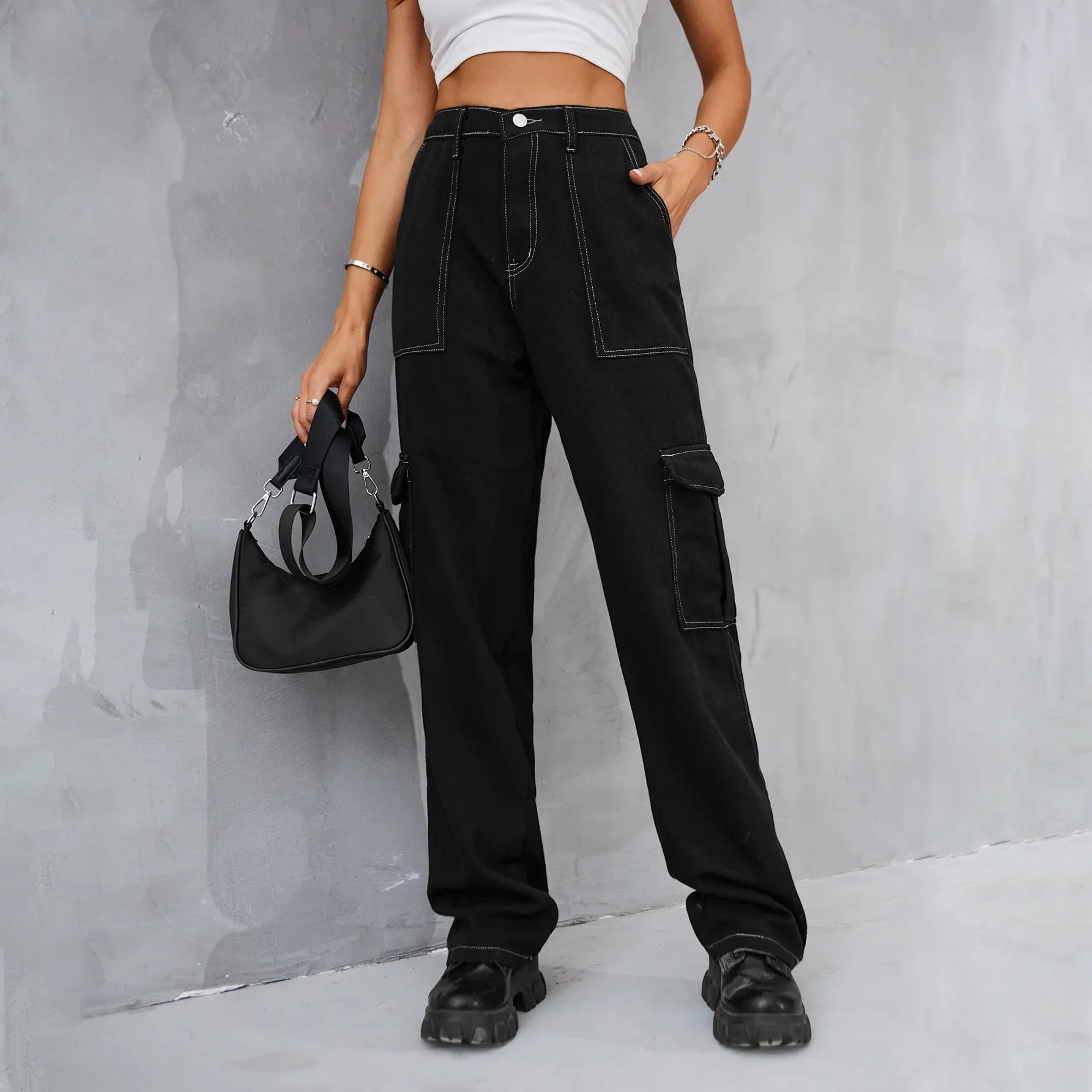 Women's trend cargo pants women New denim with semi elastic design personalized and versatile workwear pants bright line black