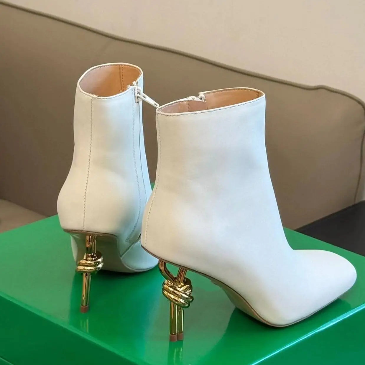 New Arrival Women Metal Knot Shaped Heel Boots High Heel Ankle Nude Boots Elegant Office Side Zip Square Toe Heels Boots