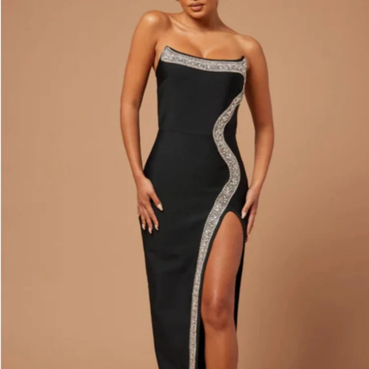 Red Black Women Sexy Strapless Shinning Diamond Line Bodycon Long Bandage Dress Elegant Birthday Party Cocktail Dress Outfit