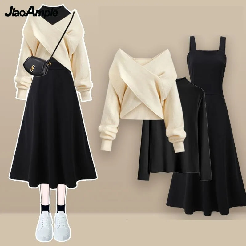 Efterår/vinter ny koreansk elegant matchende sæt kvinders mode kryds strik sweater+bundtrøje+stropp kjole trestykke dragt