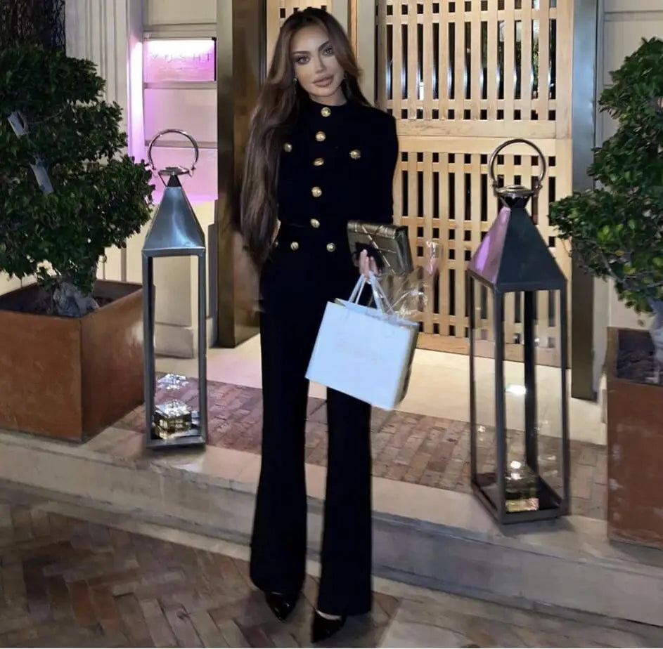 New Autumn Style Black Color Women Fashion Office Lady Slim Coat Pants Set Rayon Bandage Celebrate Evening Party Women's Set