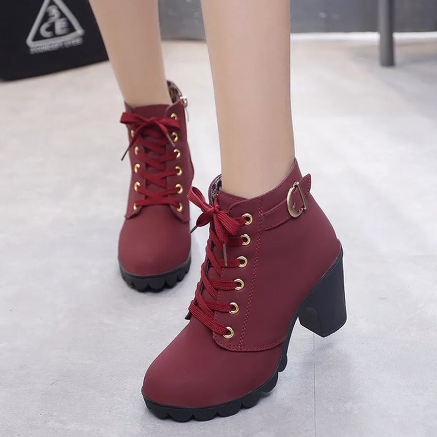 Spring Winter Women Pumps Boots Lace-up European Ladies Shoes PU High Heels Boots