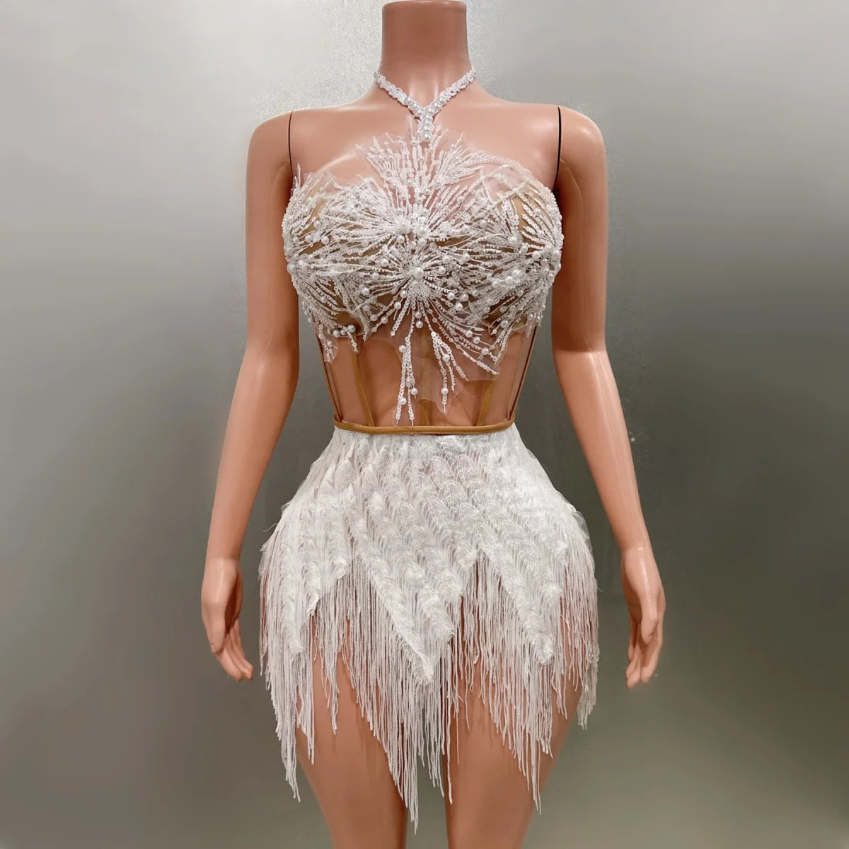 Shinning Sequins Tassels Sexy Halter Off the Shoulder 2 Pieces Bodycon Mini Dress Fashion Nightclub Party Performance Costume