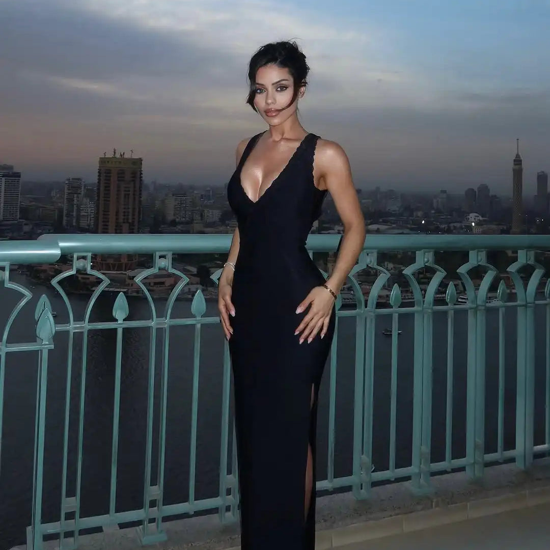 Black Color Women Sleeveless Sesxy V-Neck Lace Bodycon Long Bandage Dress Fashion Celebrate Evening Party Birthday Cocktail Wear