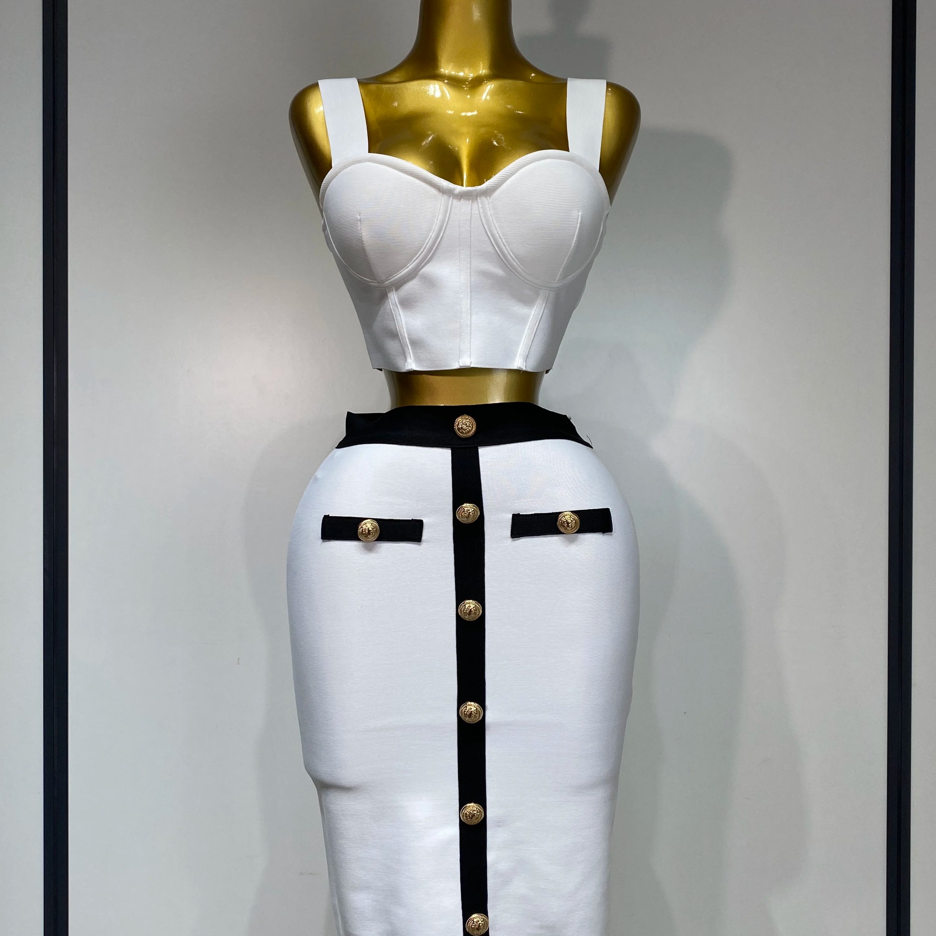 Women Button Patchwork White Black Bodycon Bandage Two Piece Set 2025 New Arrival Designer High Waist Party Club Skirt Set