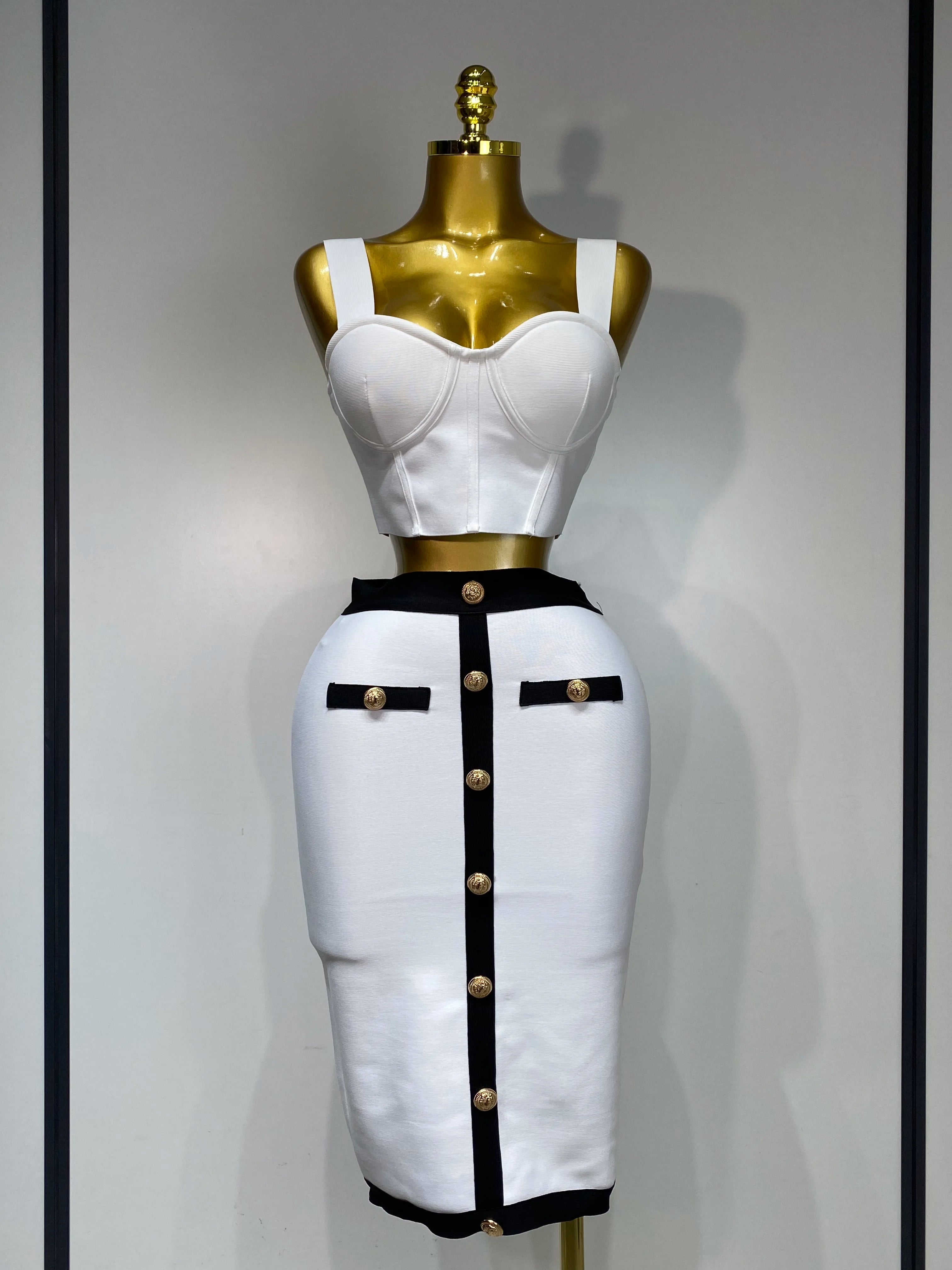 Ensemble deux pièces moulant à boutons et patchwork pour femme, jupe taille haute, style club, blanc et noir, nouveauté 2025