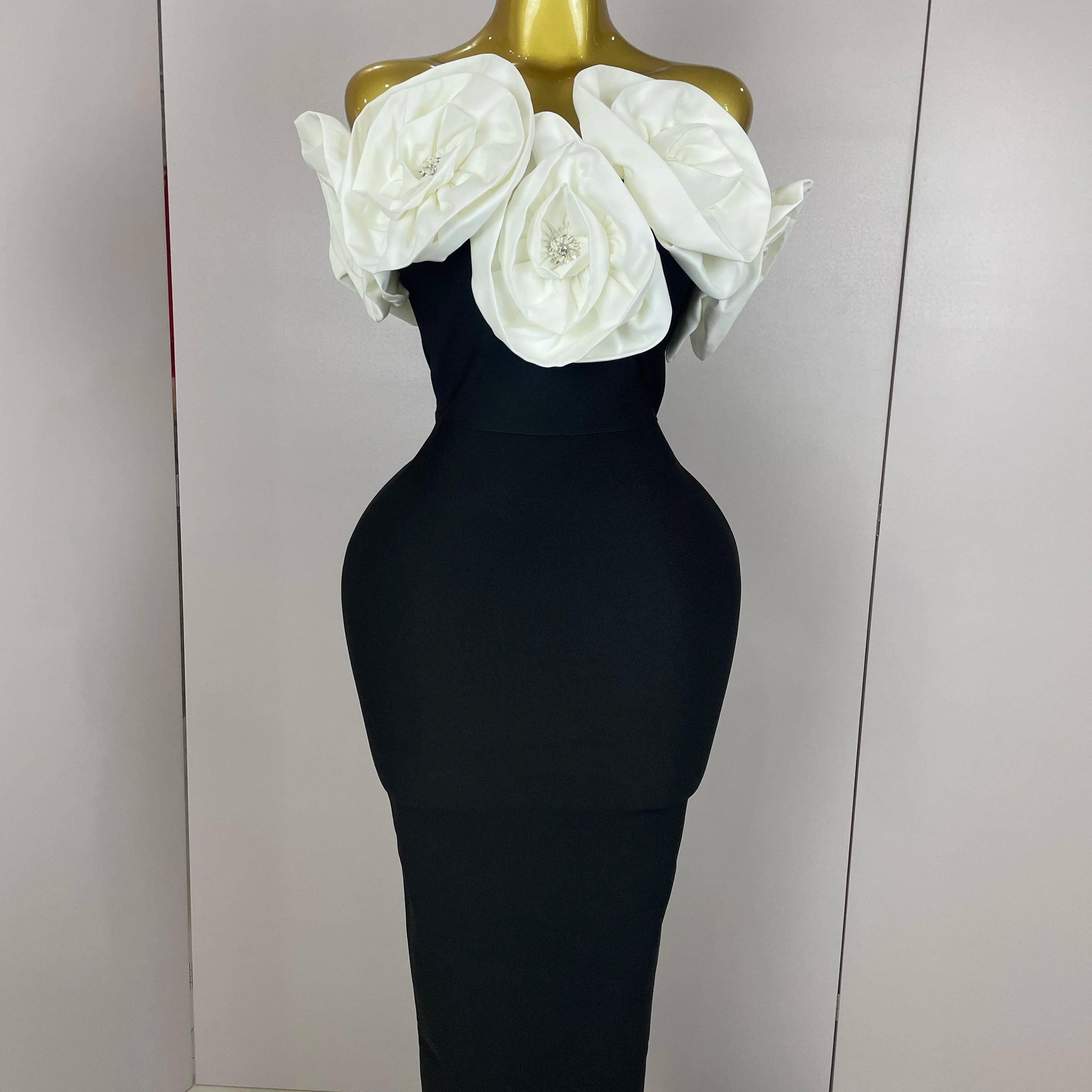 New Stereoscopic Red Flowers Sexy Off The Shoulder Ankle Lenght Bandage Dress Woman Birthday Party Vestido Wedding Party Outfit