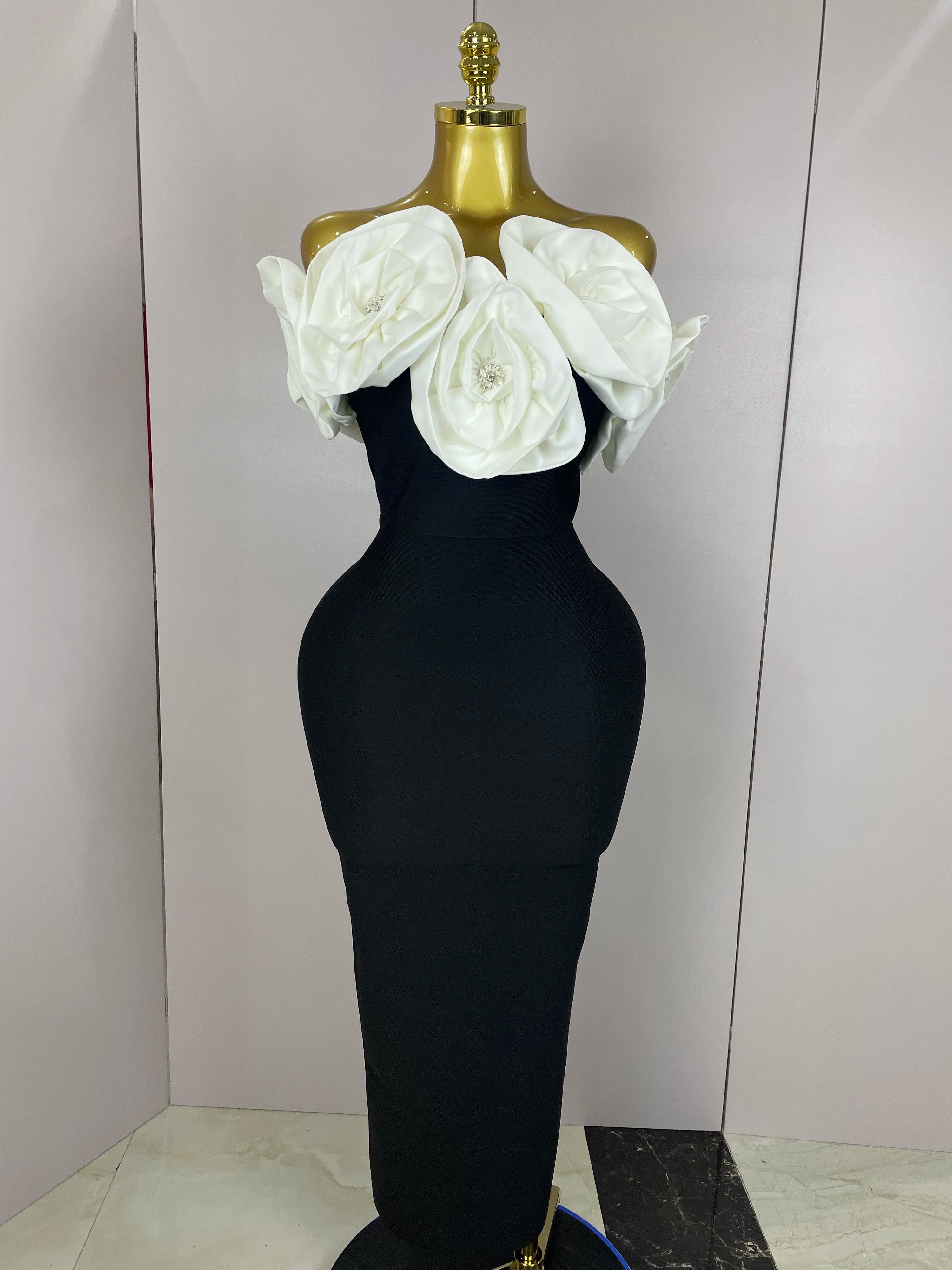 New Stereoscopic Red Flowers Sexy Off The Shoulder Ankle Lenght Bandage Dress Woman Birthday Party Vestido Wedding Party Outfit