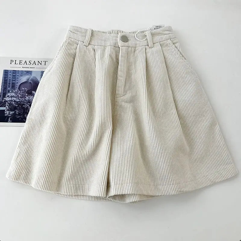 2023 Autumn/Winter Oversized Fat mm Corduroy Shorts Women's High Waist Outwear Slim A-line Casual Wide Leg Trousers Beige