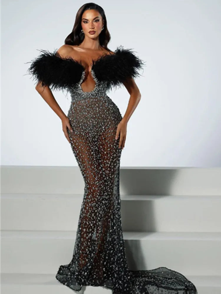 Women Celebrity Sexy Off Shoulder Feather Beading Sequins Maxi Long Gowns Dress Elegant Evening Party Club Dress Vestido