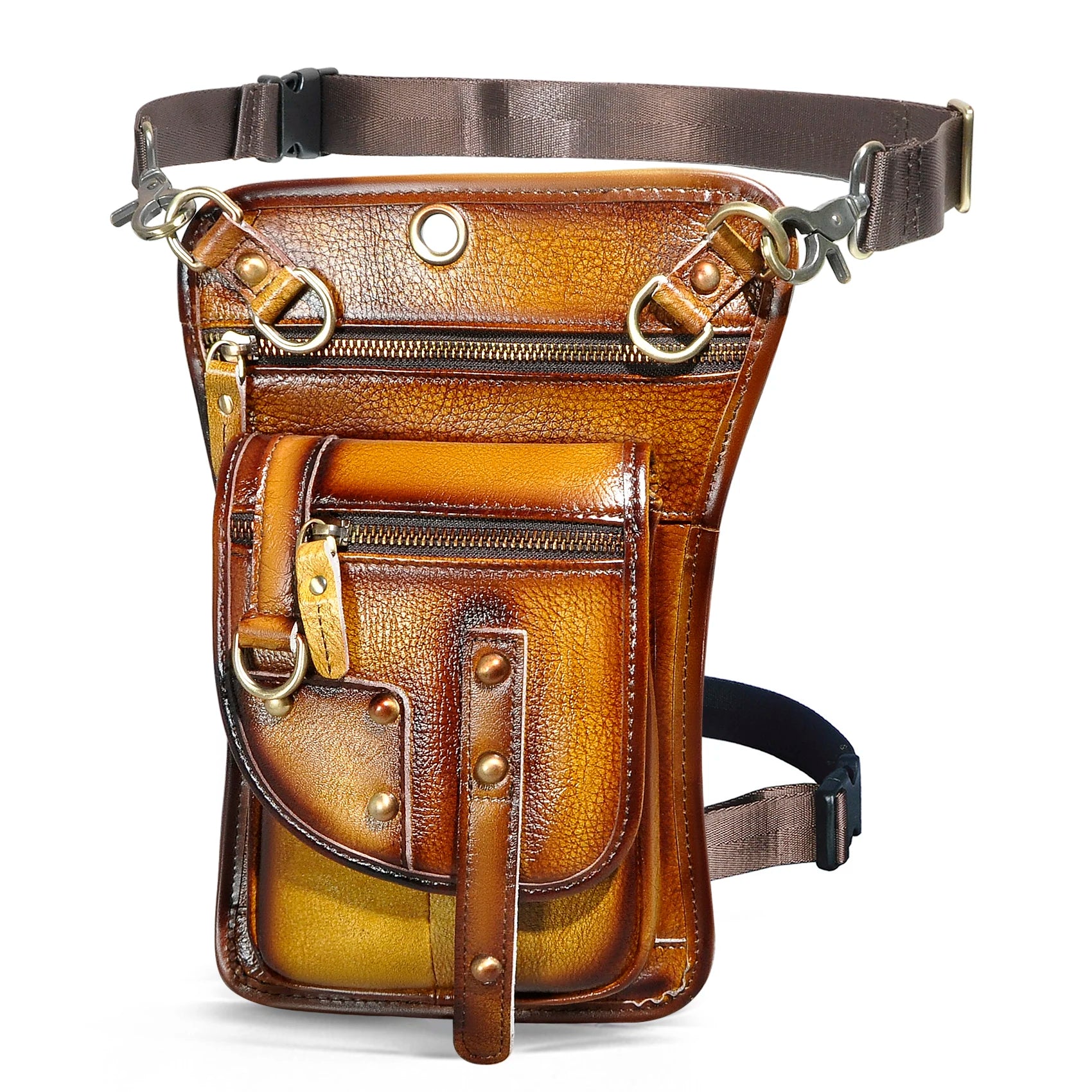 Original Leather Multifunction Men Travel Shoulder Crossbody Messenger Bag Hook Belt Waist Pack Drop Leg Phone Case Bag yellow brown