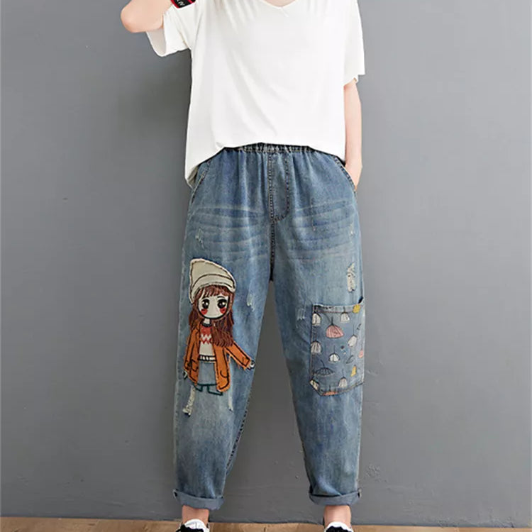 Cartoon Litter Girl Embroidery Denim Pants For Women Trendy Hole Casual High Waist Breeches Pockets Mom Harem Blue Jeans