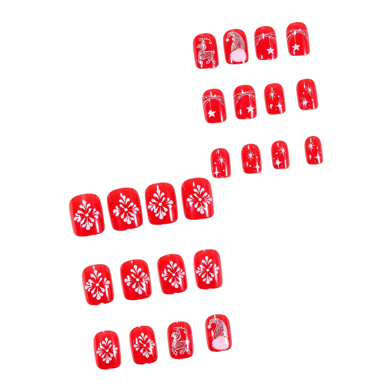 Short Square Press On Nails for Christmas Party, 24Pcs Red Fake Nails Deer/Snowflake/Star Printed Wearable Fake Nails Art
