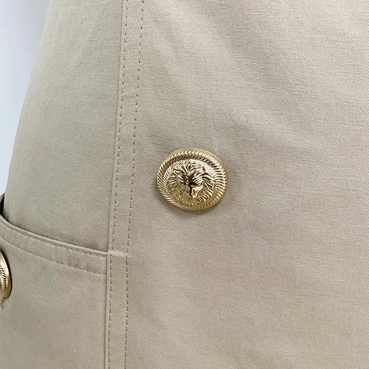 Top Quality Newest Stylish Summer Designer Women's Sleeveless Notched Collar Double Breasted Lion Buttons Mini Cotton Dres