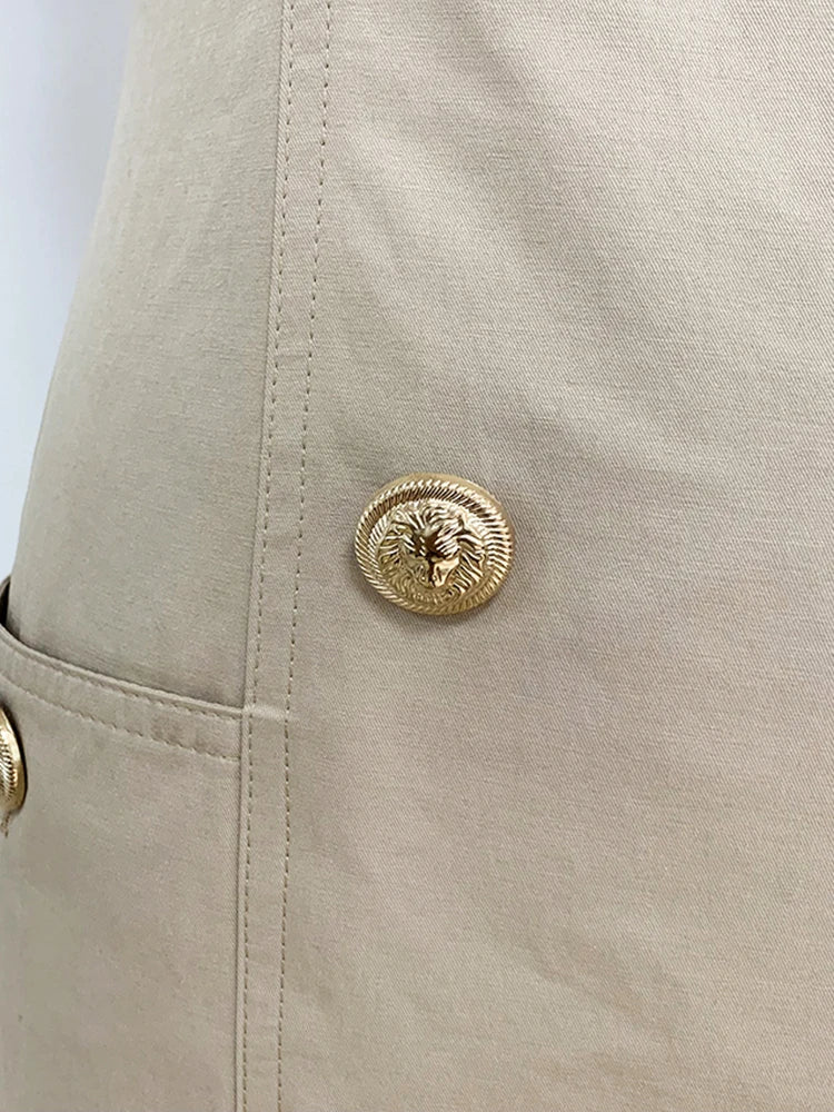 Top Quality Newest Stylish Summer Designer Women's Sleeveless Notched Collar Double Breasted Lion Buttons Mini Cotton Dres