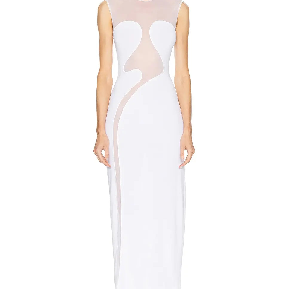 Black White Women Sleeveless Sexy O-Neck Bodycon Bandage Long Dress Mesh Celebrate Evening Party Nightclub Outfit Wholesale