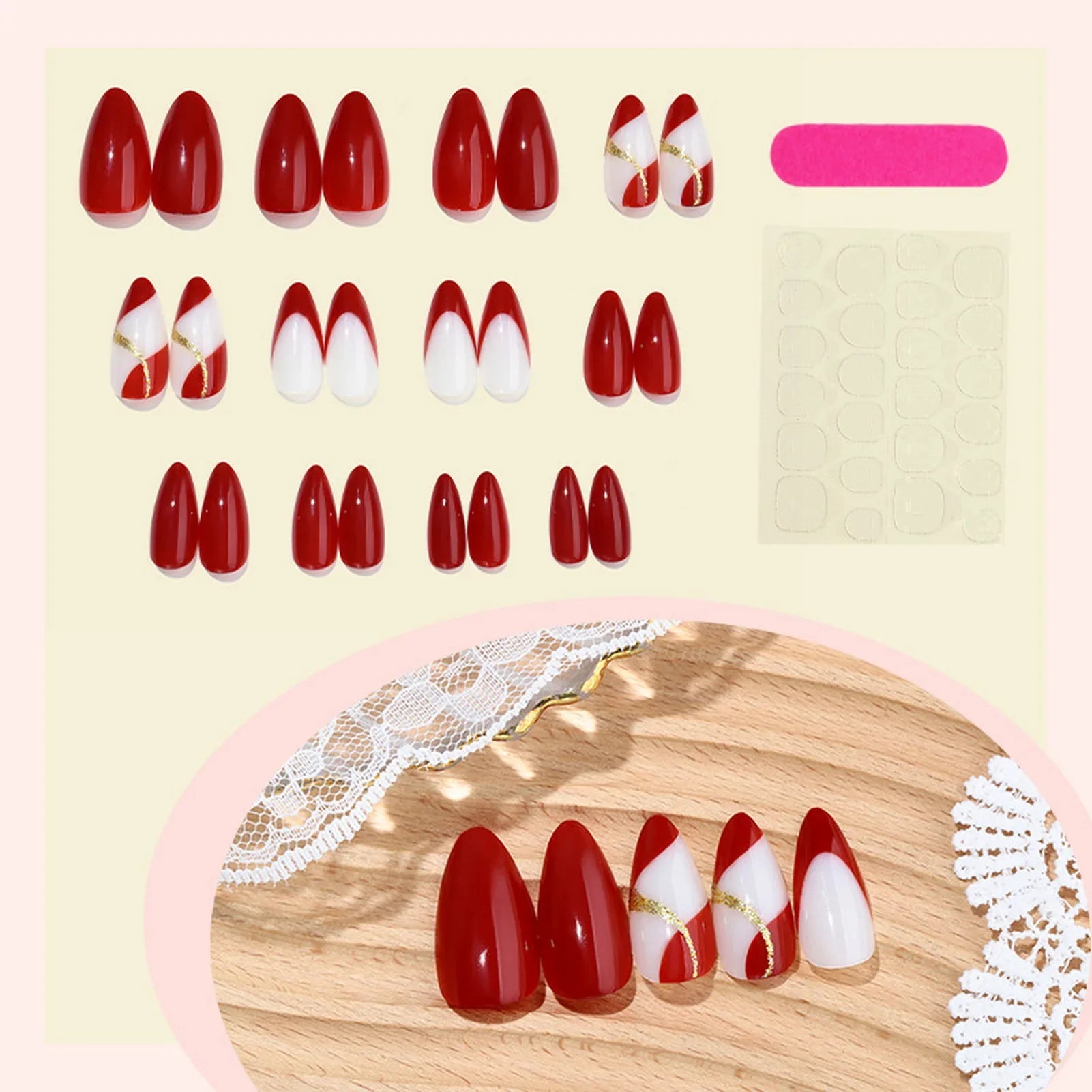 24Pcs Almond Fake Nails Women Girls New Year Party Press On Nails Red/Brown/Orange French False Nails DIY Charm Manicure