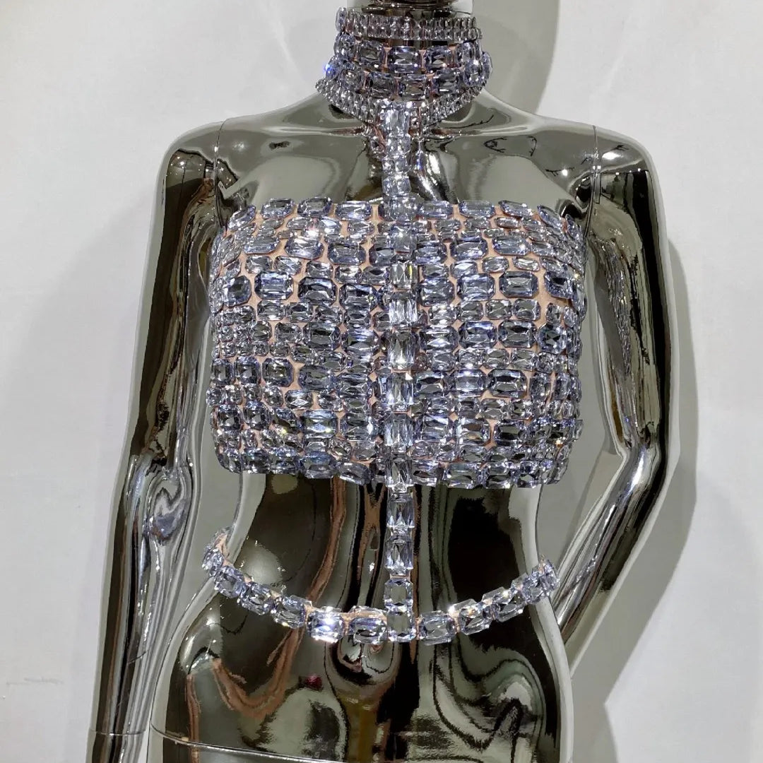 Sexy Shimmer Crystal Rhinestone Women Top Tee Sparkle and Style Bandage Tops Elegant A Chic Statement Piece for Party Silver