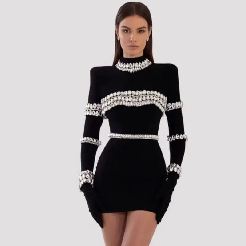 Winter Black Color Women Long Sleeve Big Crystal Bodycon Mini Dress Bandage Fashion Elegant Evening Party Dress Vestido