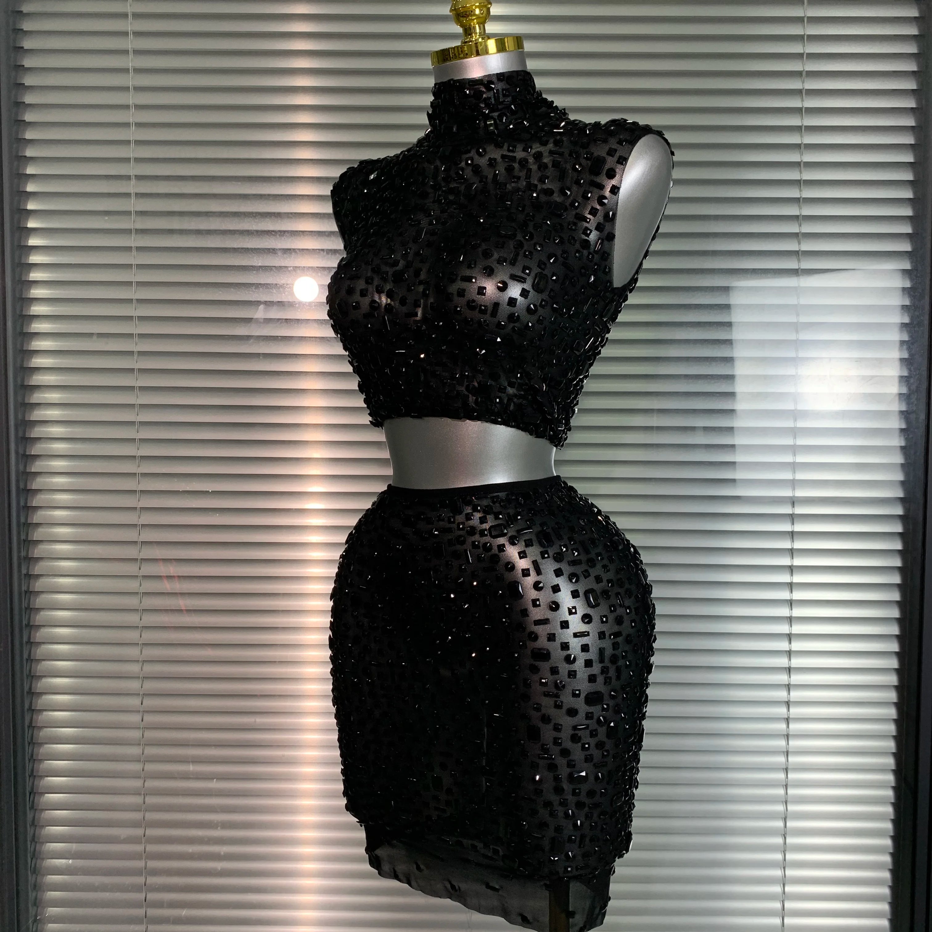 Women Sexy Two Pieces Set Women Black Crystal Diamond Night Club Skirt Suits Singer Dancer See Through Stage Performance Costume