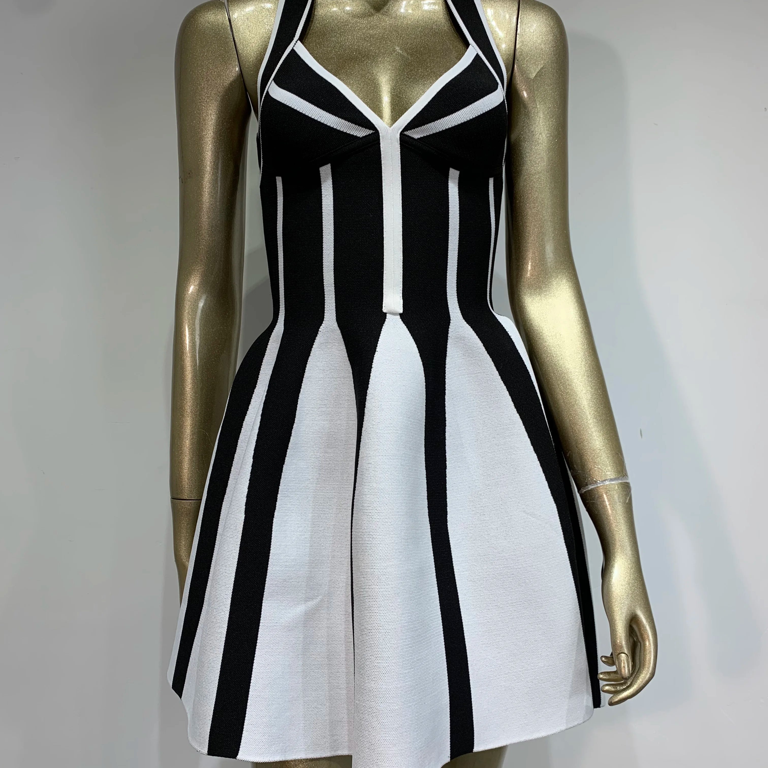 Women Celebrity Sexy Backless Halter Striped A Line Mini Jacquard Bodycon Bandage Dress 2025 Elegant Evening Club Party Outfit