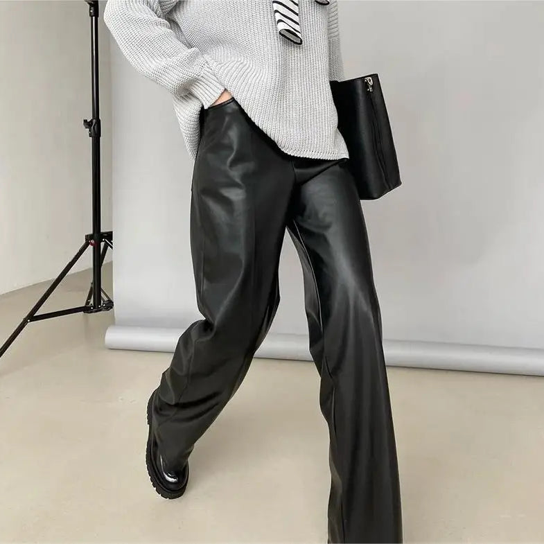 Autumn Winter Loose Straight Leather Pants Women High Waisted Faux Leather Trousers Female Vintage Black Pants 23136-black
