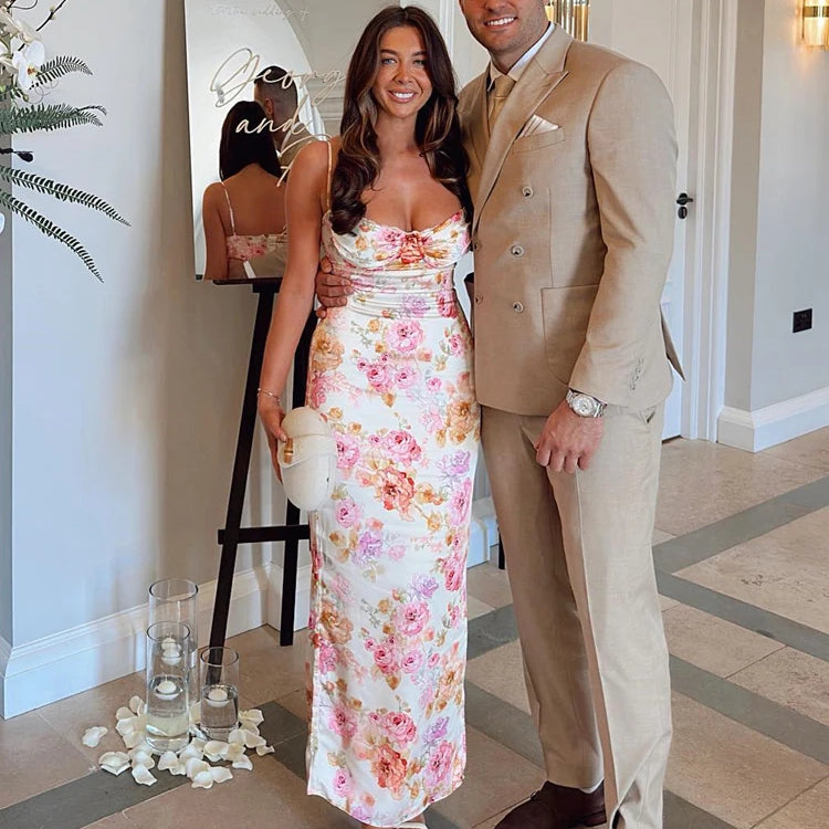 Summer Spaghetti Strap Floral Print Party Dresses Elegant Maxi Bodycon Wedding Guest Holiday Dress New In Dress