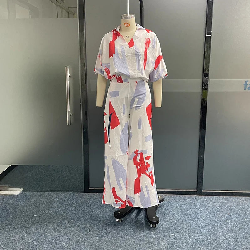Waytobele Women Two Piece Set Casual Abstract Print V Neck Laple Lantern Sleeve Long Top Loose Wide Legs Pants Sets Streetwear