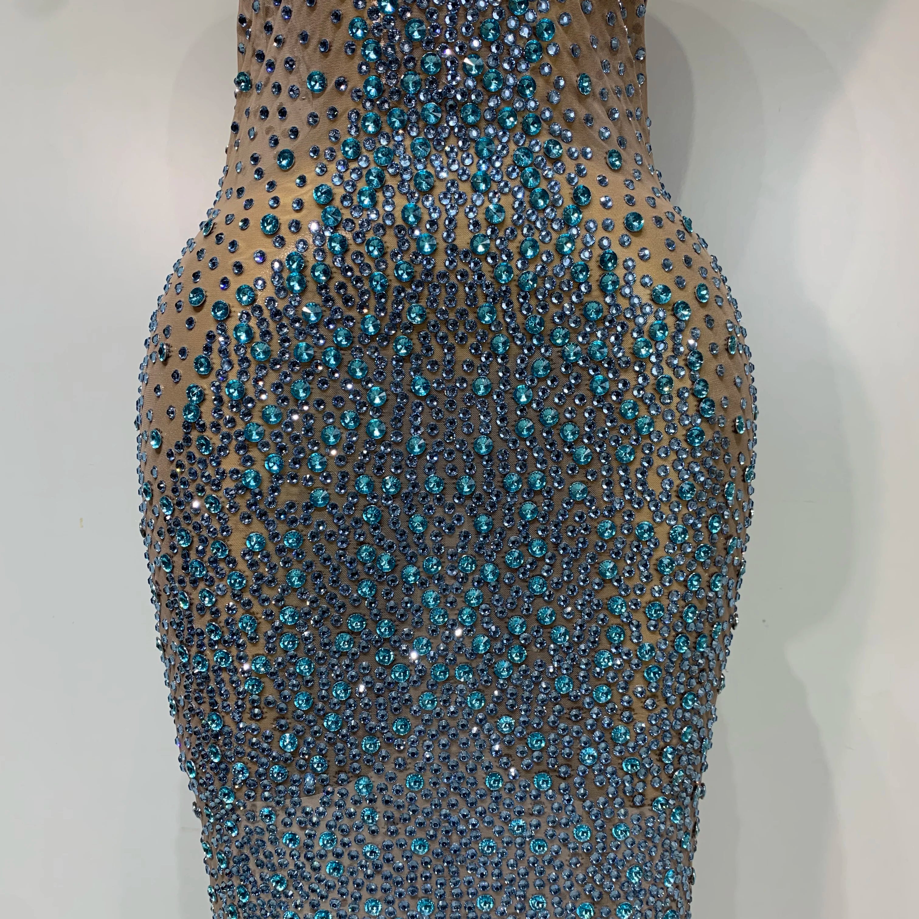 Sparkly Rhinestones Sleeveless Dress Sexy Mesh Transparent Celebrate Evening Wedding Prom Luxury Birthday Dresses Stage Outfit