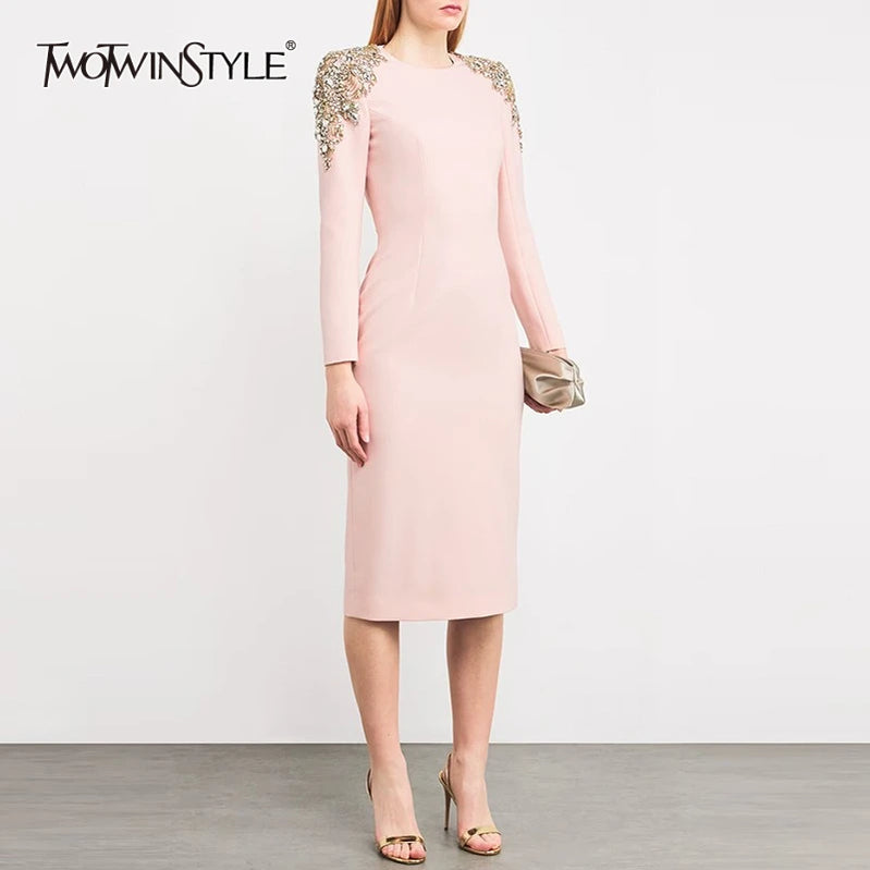 TWOTWINSTYLE Solid Slimming Elegant Dresses for Women Round Neck Long Sleeves Patchwork Bead Temperament Dress Female Clothing