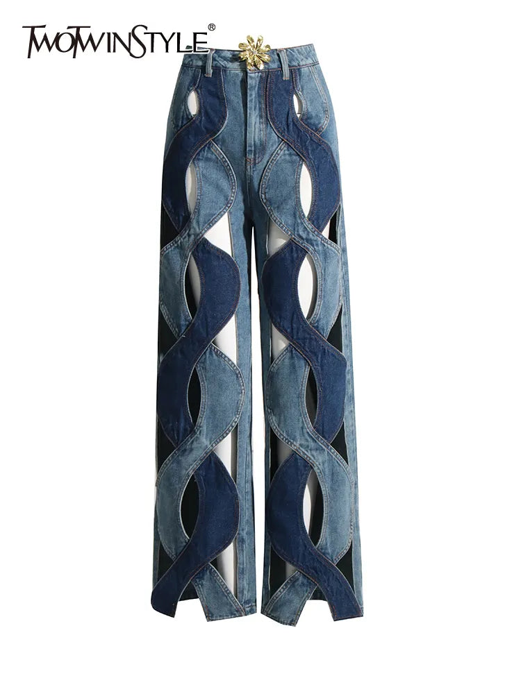 Spring Hollow Out Jeans For Women High Waist Patchwork Zipper Casual Wide Leg Pants Female Fashion Clothing New