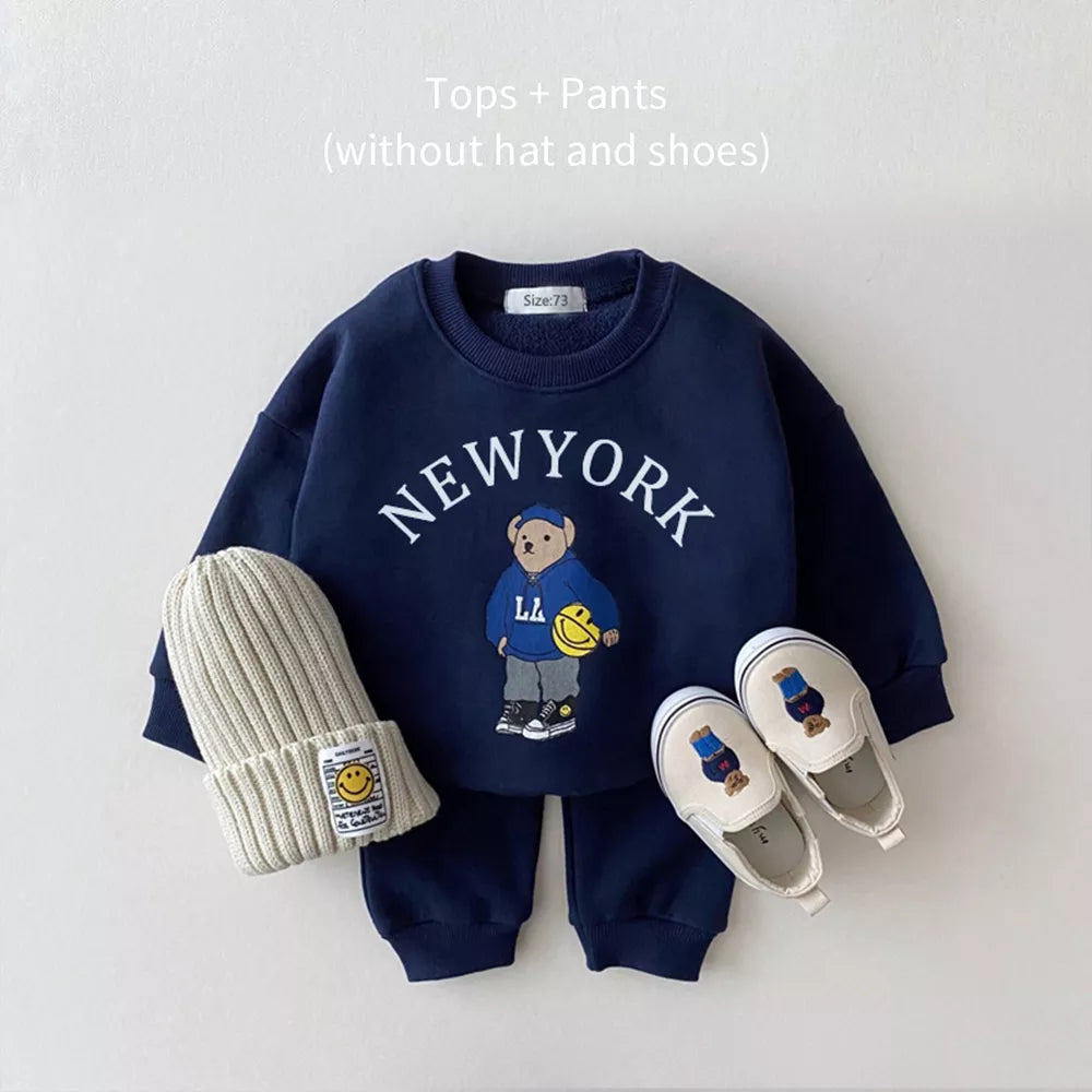 Baby Boy Girl Clothing Sets Children Bear Pullover Sweatshirts + Simple Solid Cotton Sports Pants 2pc Kids Clothes Boy New Suit Navy Blue